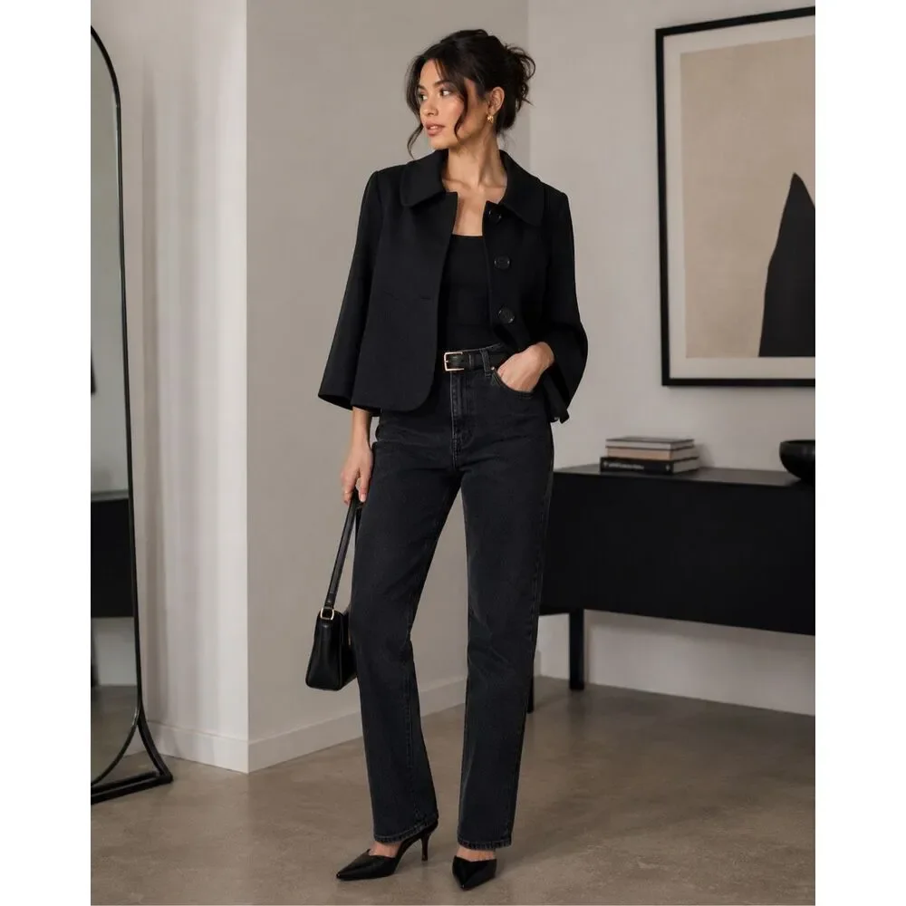 Ava & Grace Black Cropped Jacket Blazer Cape Sleeve Career Office Chic Size Smal - Picture 2 of 5